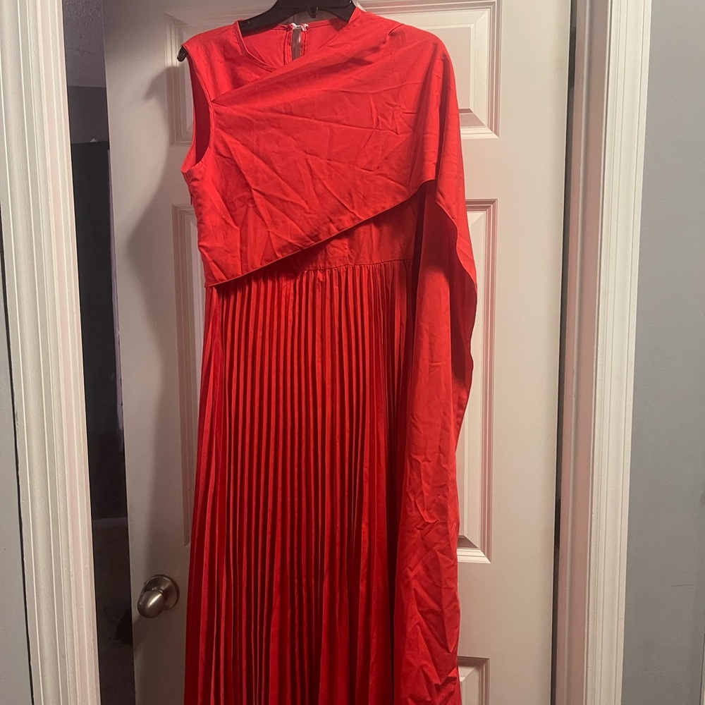 SHEIN Red Asymmetrical Pleated Midi Gown
